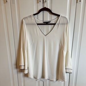 White House Black Market Cream V-Neck Bell Sleeve Blouse with Black Trim